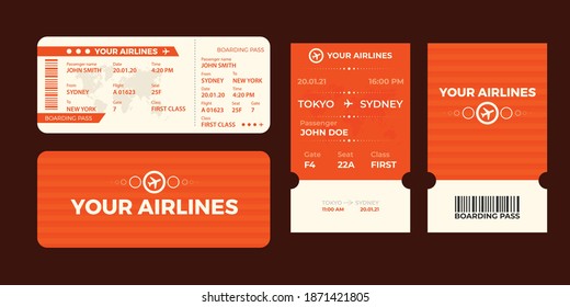 Modern airline tickets set design with flight time and passenger name. vector illustration