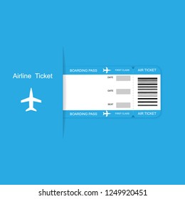 Modern airline travel boarding pass ticket on blue background. Vector template.