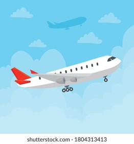 modern airliner flying, large commercial passenger aircraft in the sky vector illustration design