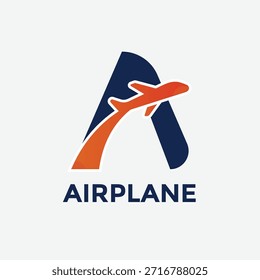Modernes Flugzeug-Logo mit einem stilisierten Buchstaben "A" kombiniert mit einer Flugzeug-Silhouette und dynamisch gekrümmten Flugbahn. Sauberes, flaches Vektordesign, das Luftverkehr, Geschwindigkeit, Luftverkehrstechnologie und globalen Transport symbolisiert. Blaue und orangefarbene Farbpalette für Fluggesellschaften, Luftfahrtgesellschaften, Reisedienstleistungen, Logistik, Flughafendienstleistungen und Corporate Branding.