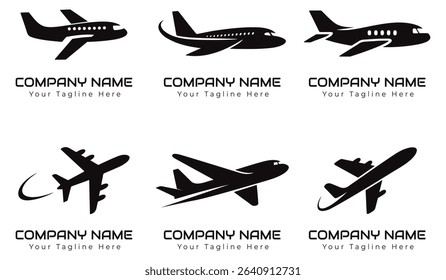 Modern Airplane Logo Vector Set for Aviation and Airline Branding. Airplane logo bundle for branding or a company. Silhouette airplane logo icon bundle