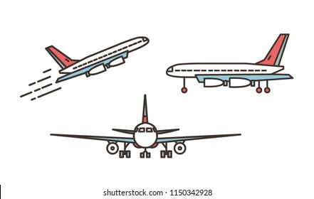 Modern airplane, passenger plane, airliner or jumbo jet taking off or ascending and standing on ground isolated on white background. Front and side views. Vector illustration in line art style.