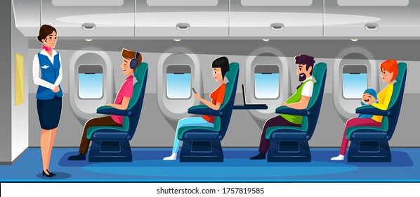 Modern airplane salon with happy passengers vector illustration. Private plane flight flat style. People busy listening music watching film on laptop and travel with child. Comfortable journey concept