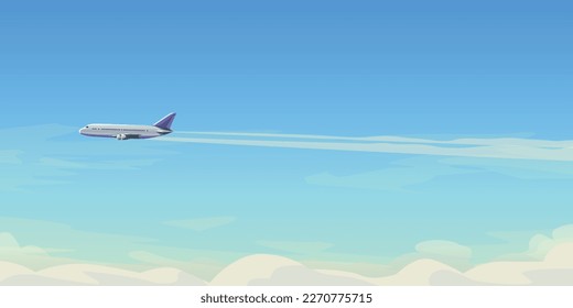 modern airplane side view flying above clouds