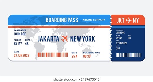 modern Airplane ticket design. Realistic illustration of airplane ticket boarding pass with passenger name and destination. Concept of travel, journey or business trip. 