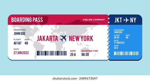 modern Airplane ticket design. Realistic illustration of airplane ticket boarding pass with passenger name and destination. Concept of travel, journey or business trip. 