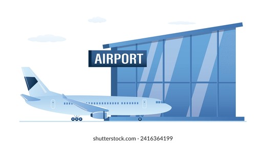 Modern airport and airplane near. Aircraft on runway. Terminal building. Design in trendy blue colors. Flat vector illustration