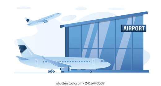 Aeropuerto moderno, despegue de avión. Edificio de terminales, avión en pista. Diseño en tonos azules de moda. Ilustración vectorial plana