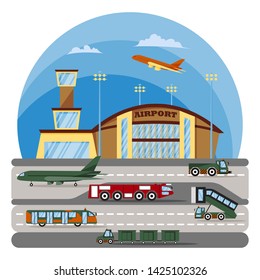 Modern airport. Auxiliary special equipment and vehicles. Airfield tractor, airfield fire truck, plane, airport bus, tractor for baggage delivery, gangway. Flat vector style. 