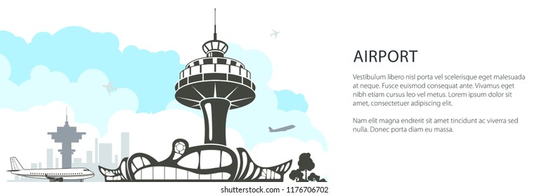 Modern Airport Banner, Silhouette Control Tower and Airplane, Travel and Tourism Concept , Air Travel and Transportation, Vector Illustration