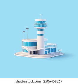 Edificio moderno del aeropuerto, 3D. Aeropuerto realista blanco para conceptos de transporte de pasajeros, negocios, tráfico aéreo internacional y vuelos. Vector