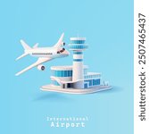 Modern airport building, passenger plane, 3D. Blue banner for commercial transportation, business, and travel concepts. City infrastructure, international air transportation. Vector