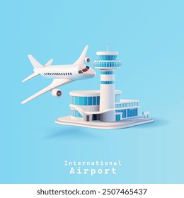 Edificio moderno del aeropuerto, avión de pasajeros, 3D. Anuncio azul para transporte comercial, negocios y conceptos de viajes. Infraestructura urbana, transporte aéreo internacional. Vector