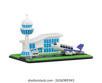 Modern airport building with passenger plane icon 3d render concept of passenger transportation, international airports, buying and selling tickets vector illustration