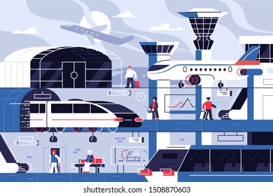 Modern airport building vector illustration. Template with air terminal construction presenting get on board receipt of baggage customs control and waiting hall flat style concept