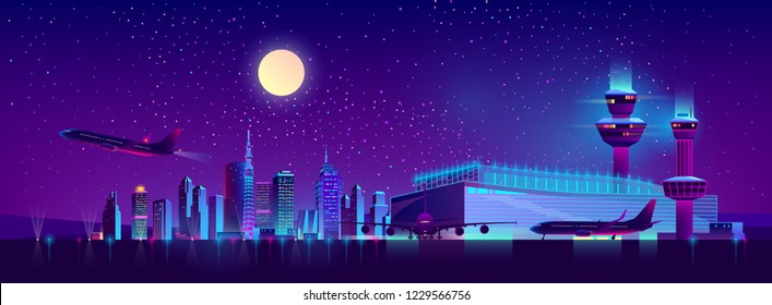 Modern airport cartoon vector with airliners standing near terminal with control tower, taking off from runway on background of night city skyscrapers neon light illustration. Metropolis transport hub