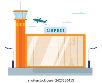 Modern airport exterior building, long distance travel transportation. Character design. Vector flat illustration