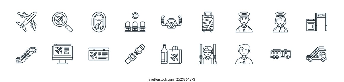 pacote de ícone de aeroporto moderno. perfeito para projetos de ui lineares com caminhão de escada vetorial, ônibus, administrador, trabalhador, duty free, cinto de segurança, partida e mais ícones para aplicativos móveis e web.