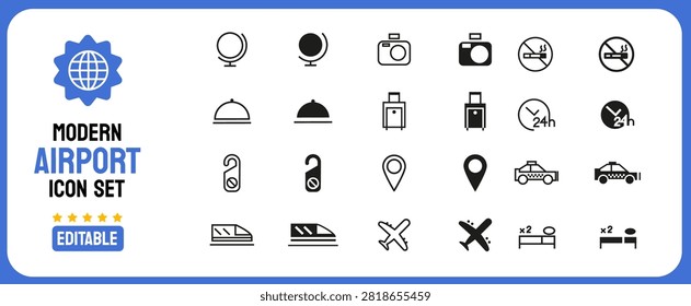 Modern Airport Icon Set featuring minimalist black travel symbols on a white background, including airplanes, taxis, luggage, and navigation markers in a clean flat vector design style.
