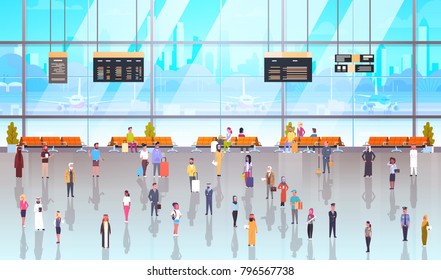 Modern Airport Interior People Passengers With Baggage Walking Through At Waiting Hall And Departure Lounge To Terminal Flat Vector Illustration