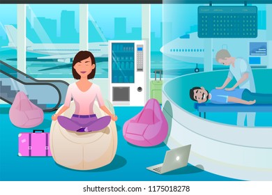 Modern Airport Passengers Services Cartoon Vector Concept with Woman Resting, Meditating in Waiting Room and Man Taking Massage in Recreation Area illustration. Relaxing After Flight in Airport Lounge