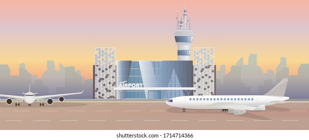 Modern Airport. Runway. Airplane On The Runway. Airport In A Flat Style. City Silhouette. Vector Illustration