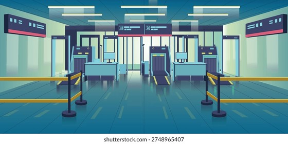 Modern airport security checkpoint interior with multiple baggage screening machines and metal detectors. The scene shows an organized inspection area with conveyor belt scanners, control desks, queue barriers and digital information boards. The spacious terminal hall is illuminated by modern ceiling lights reflecting on the glossy floor.  