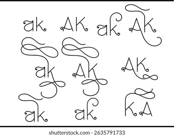Diseños modernos del logotipo del Vector de la tipografía de AK, gráficos elegantes de la caligrafía del monograma de A y de K