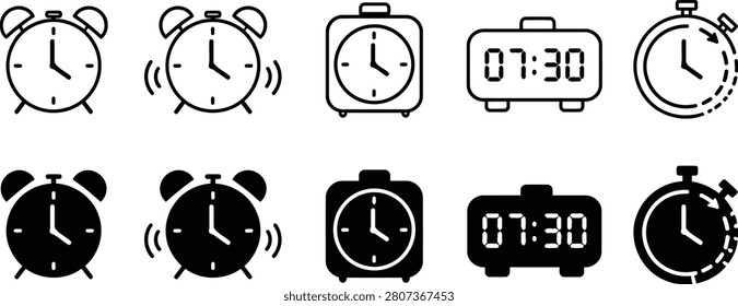 Modern Alarm Clock and Stopwatch Icon Collection for Time Tracking and Scheduling