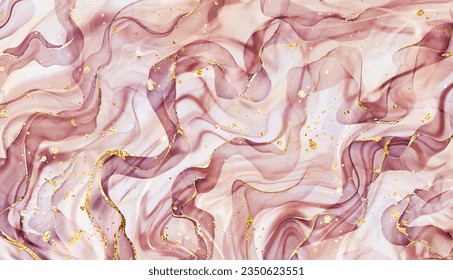 Modern alcohol ink painting background texture with gold waves and splatter.