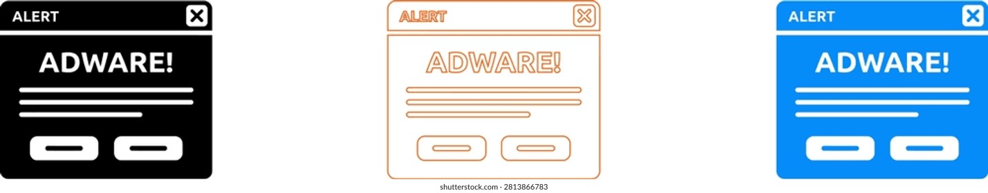 Modern alert pop-up notification with adware warning in three color styles isolated on transparent background, Vector