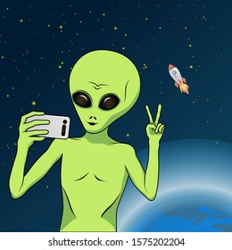 Modern alien make selfie in space with flying rocket. Cartoon character vector illustration 