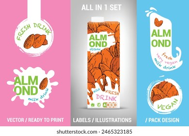 Modern almond milk drink packaging design set featuring modern brush strokes hand drawn illustrations. Ready brand style for vegan almond drink. Nut milk Splashes. 