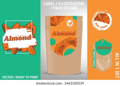 Modern almond nuts packaging design set featuring modern illustrations, vibrant green, blue, and coral accents, and clear labeling. Perfect for farms, grocery stores