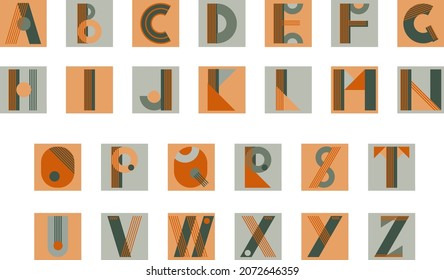 Modern alphabet in the Bauhaus style of geometric shapes. Autumn colors.  Fall letters on square.