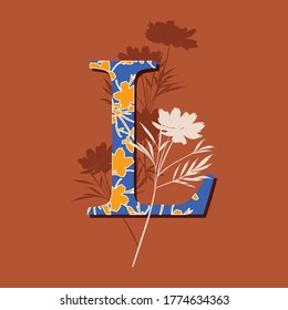 Modern Alphabet big L font made fill in with flower pattern, silhouette meadow florals Vector EPS10  Flower and botanical Design for fashion, fabric, tshirt,invitations ,decoration , and all print