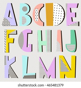 Modern alphabet in geometric memphis style. Trendy retro style type. Vector Illustration