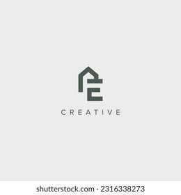 Modern alphabet letter E with real estate house logo template.