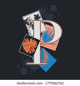 Modern Alphabet " P" with beautiful frame of tropical foliage and leaves vector EPS10, Design for fashion,fabric,T-shirt,card ,wedding and all graphic type on dark navy blue color background
