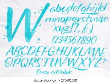 Modern alphabet set drawn watercolor blots and stains with a spray blue color.