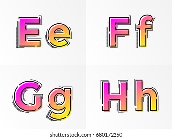 Modern alphabet set with letter E, F, G, H. Vector abstract font with gradient color and line design on white background for poster title headline or corporate identity typography. 