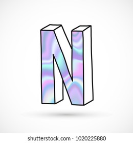Modern alphabet set, letter N symbol, holographic gradient neon 3d hand drawn line perspective trend illustration