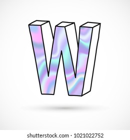 Modern alphabet set, letter W symbol, holographic gradient neon 3d hand drawn line perspective trend illustration