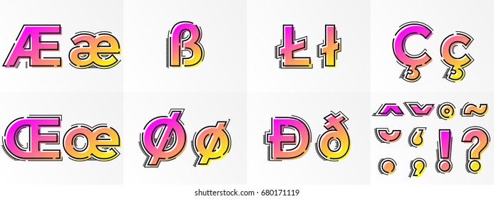 Modern alphabet set with punctuation signs and marks and special letters. Vector abstract font with gradient color and line design on white background for poster title headline. 