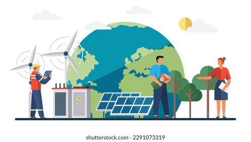 Modern alternative energy. Ecological energy. Green world. Alternative electricity source and sustainable resources. Solar cell team service house installing. Green energy. Ecological energy