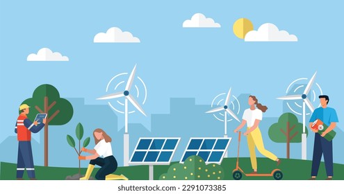 Energía alternativa moderna. Energía ecológica. Mundo verde. Fuente de electricidad alternativa y recursos sostenibles. Molinos de viento y casa con panel solar. Personajes de caricatura que viven un estilo de vida saludable