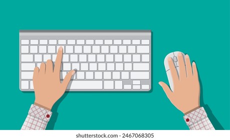 Modern aluminum computer keyboard and mouse. Hands of user. Wireless input device. Vector illustration in flat style