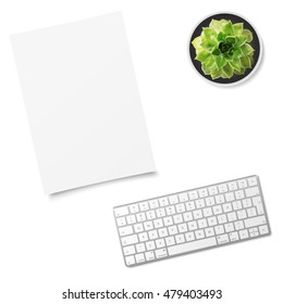 Modern aluminum computer keyboard, sheet of paper and green succulent flower in ceramic pot isolated on white background. Vector illustration. EPS10. 