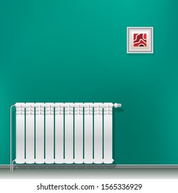 Modern aluminum heating battery hanging on a green blank wall. Housing heating in the winter. Heat saving