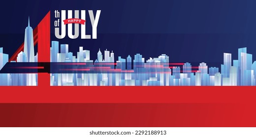 Modern American 4th of July banner background template with US cityscape illustration. Vector illustration.